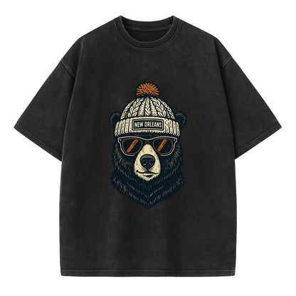 Louisiana Black Bear wearing New Orleans beanie with pom pom and wayfarer - Vintage T-shirt - Black