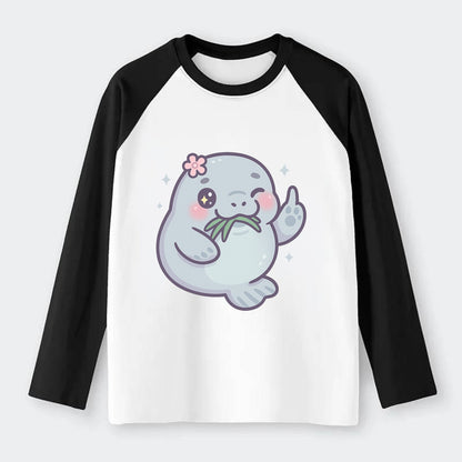 chubby manatee munching on seagrass, one flipper raised with sass - Raglan Long Sleeve T-Shirt - Black