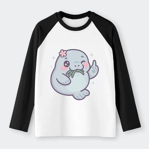 chubby manatee munching on seagrass, one flipper raised with sass - Raglan Long Sleeve T-Shirt