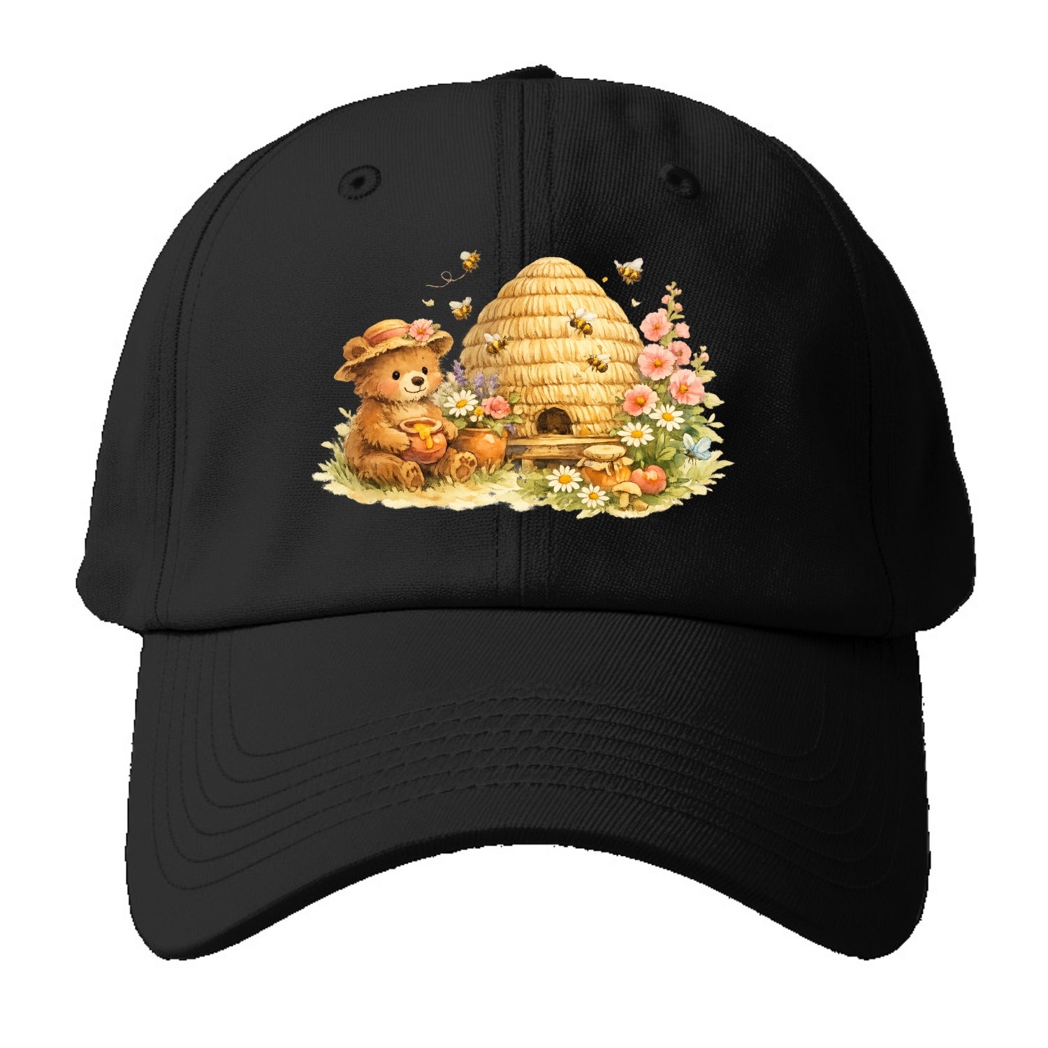 SKEP HIVE | Traditional straw beehive | Cottage garden setting | Buzzing activity | - Baseball Cap - Black
