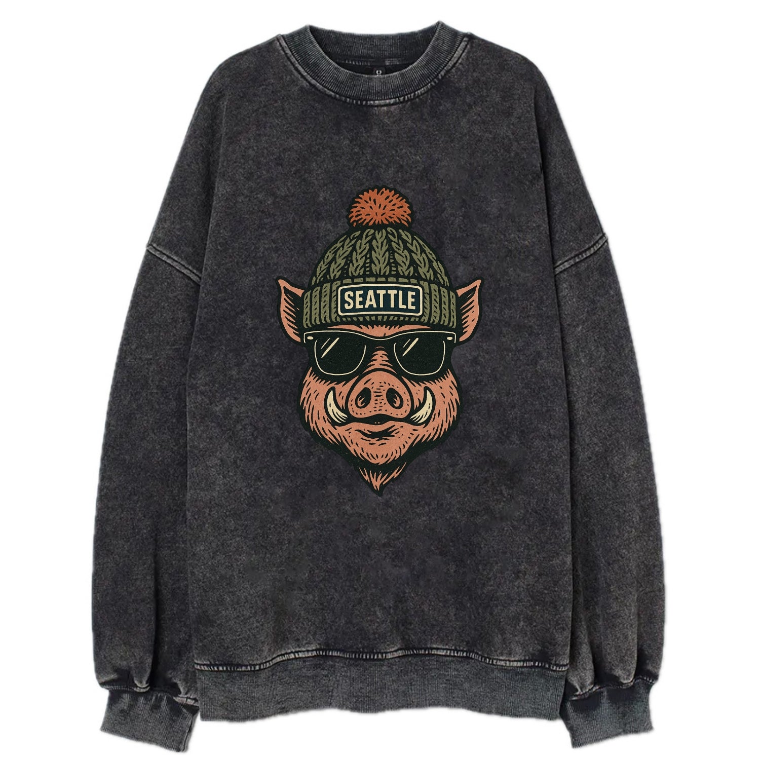 Washington Hog wearing Seattle beanie with pom pom and wayfarer sunglasses - Vintage Sweatshirt - Black