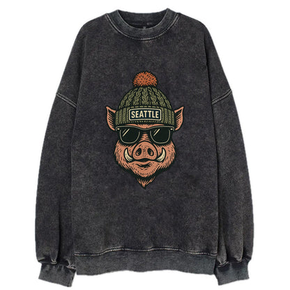 Washington Hog wearing Seattle beanie with pom pom and wayfarer sunglasses - Vintage Sweatshirt - Black