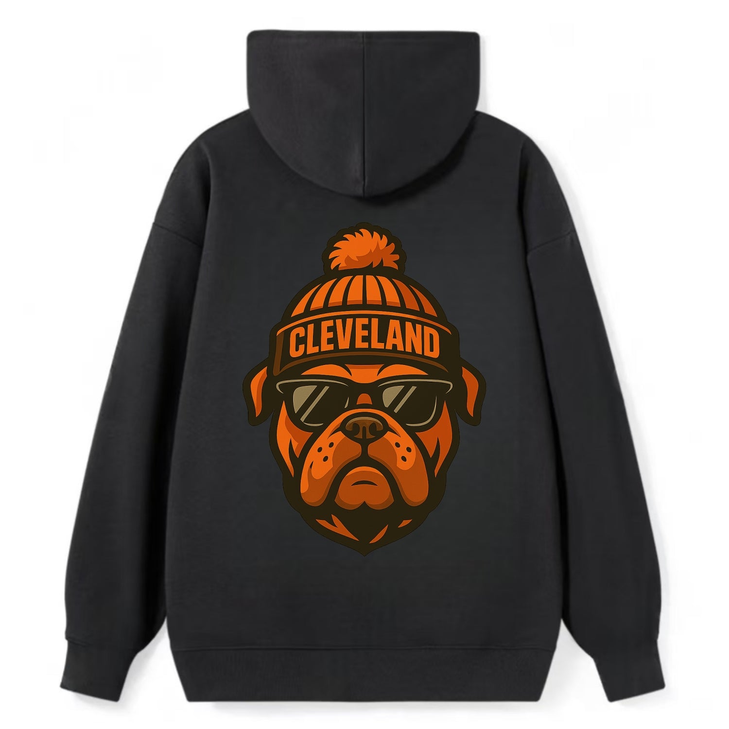 Cleveland Bulldog wearing Browns orange and brown beanie with pom pom and - Classic Pullover Hoodie - Black