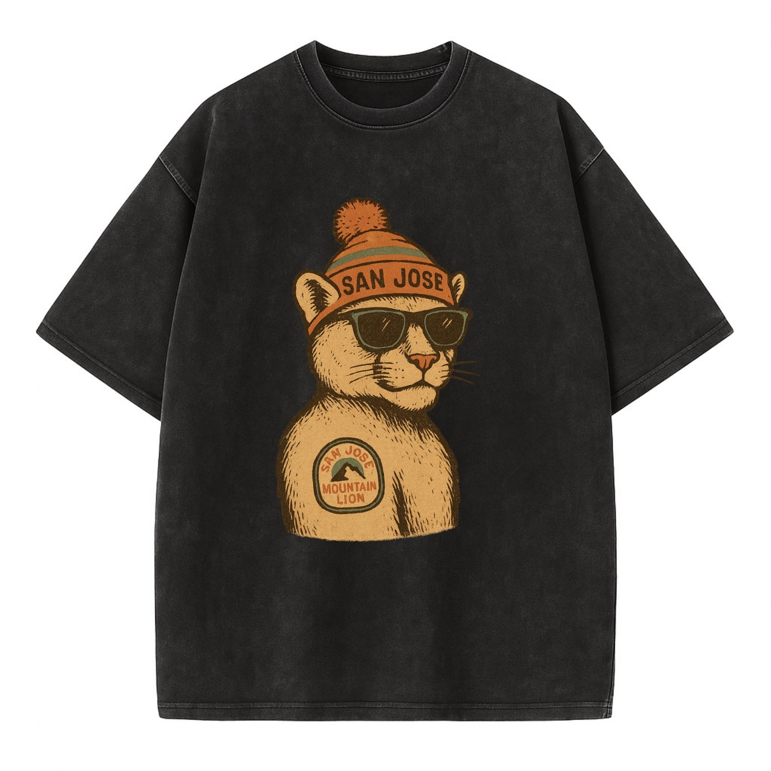 San Jose Mountain Lion wearing San Jose beanie with pom pom and wayfarer - Vintage T-shirt - Black