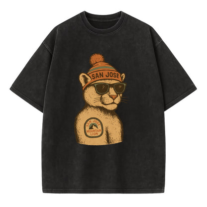 San Jose Mountain Lion wearing San Jose beanie with pom pom and wayfarer - Vintage T-shirt - Black