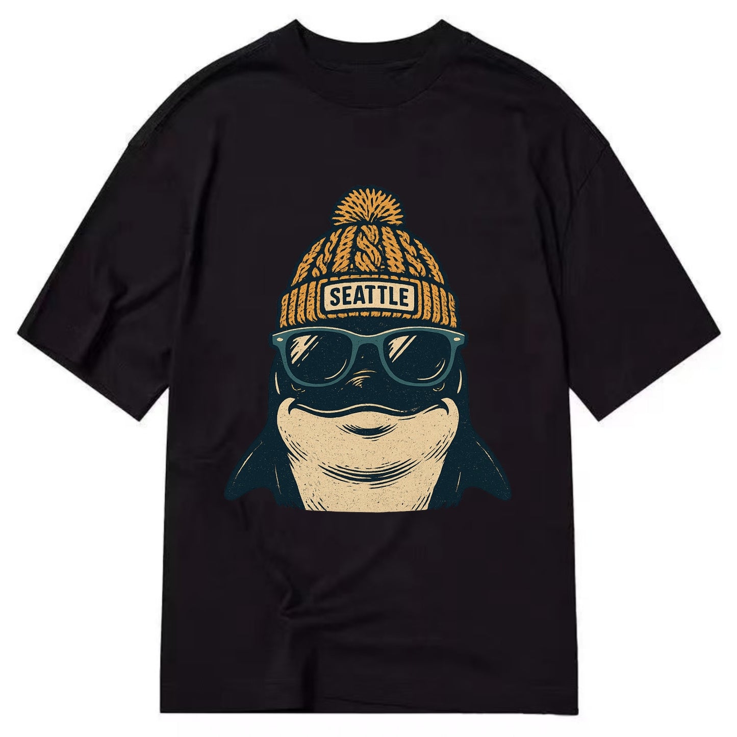 Seattle Orca wearing Seattle beanie with pom pom and wayfarer sunglasses - Classic T-shirt - Black