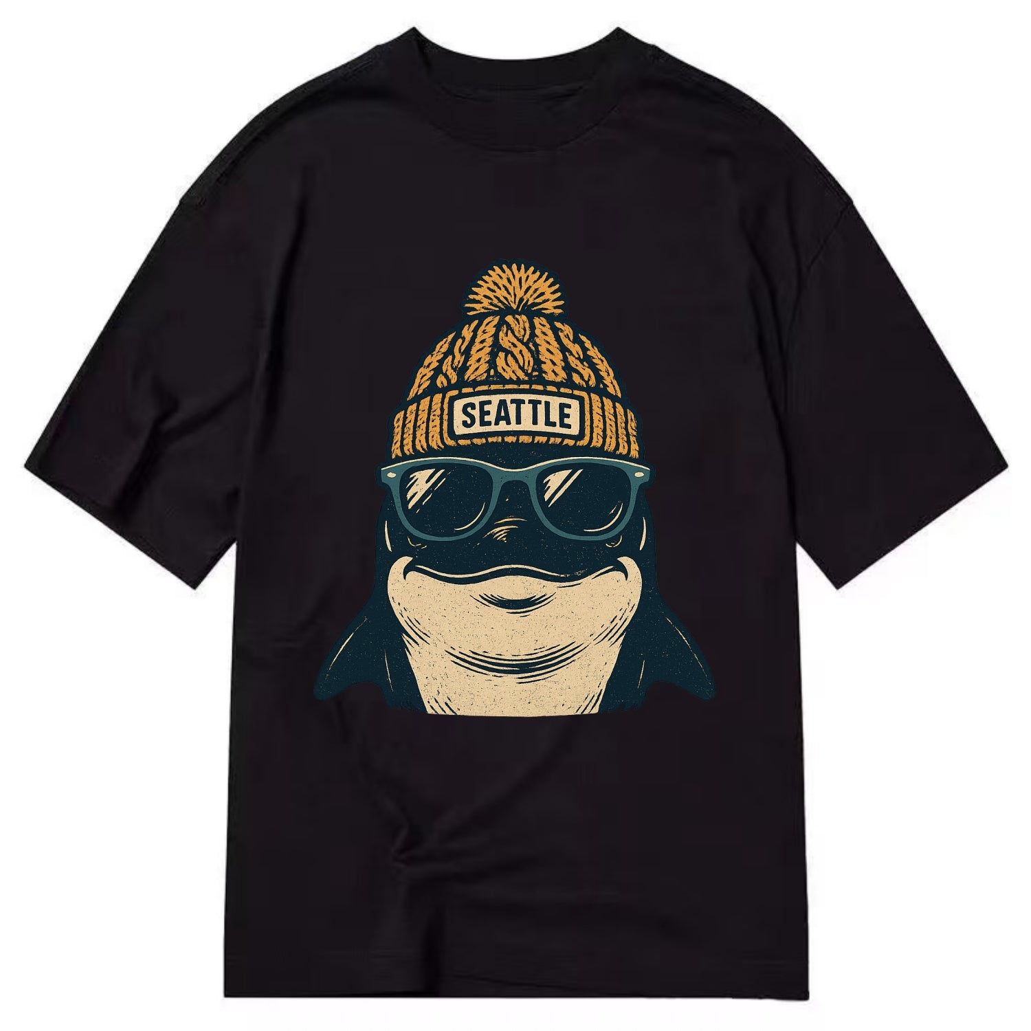 Seattle Orca wearing Seattle beanie with pom pom and wayfarer sunglasses - Classic T-shirt - Black