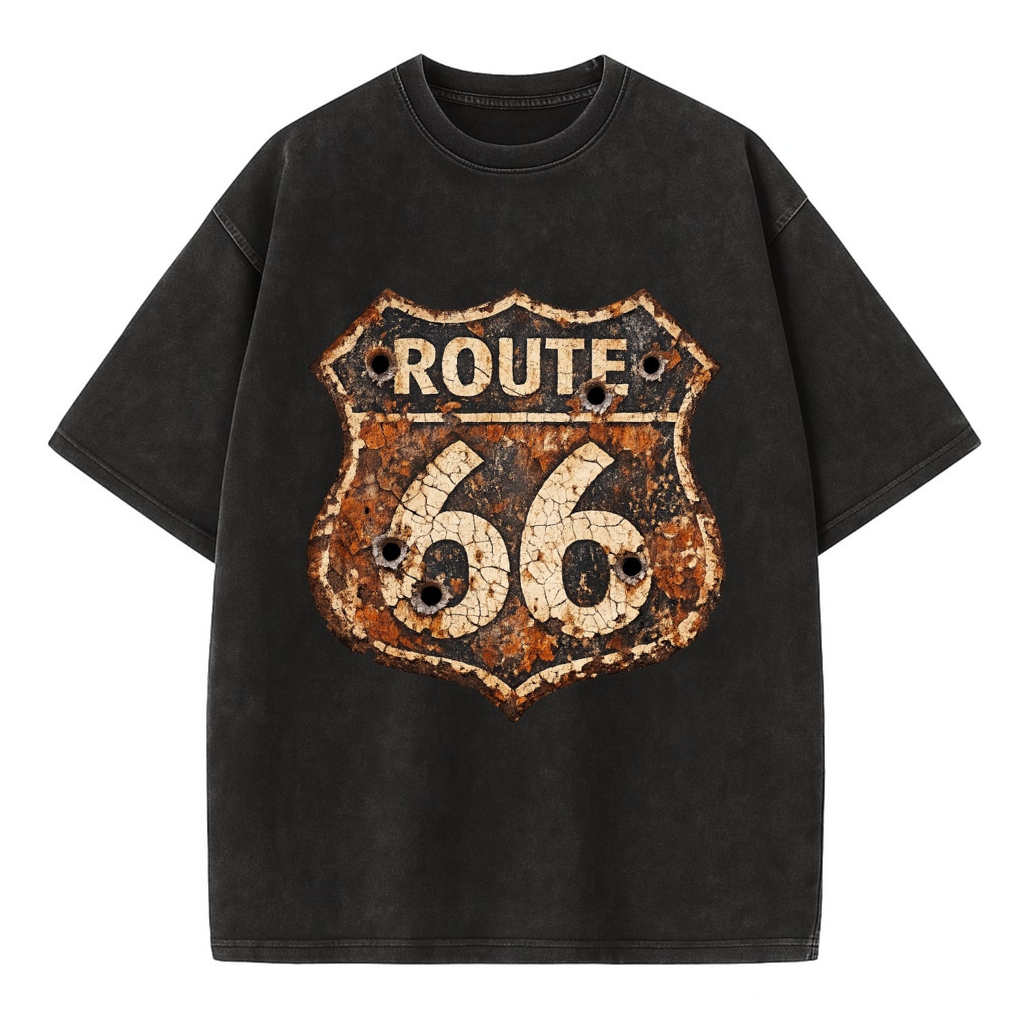 WEATHERED MARKER | Rust-aged Route 66 sign | Desert sun-bleached | Bullet holes - Vintage T-shirt - Black