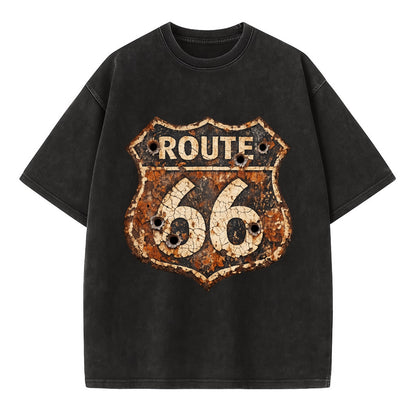 WEATHERED MARKER | Rust-aged Route 66 sign | Desert sun-bleached | Bullet holes - Vintage T-shirt - Black