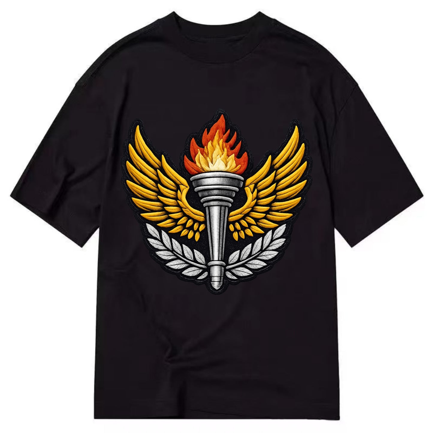 Embroidered patch design - TRACK AND FIELD TORCH - Olympic style torch with wings - Classic T-shirt - Black