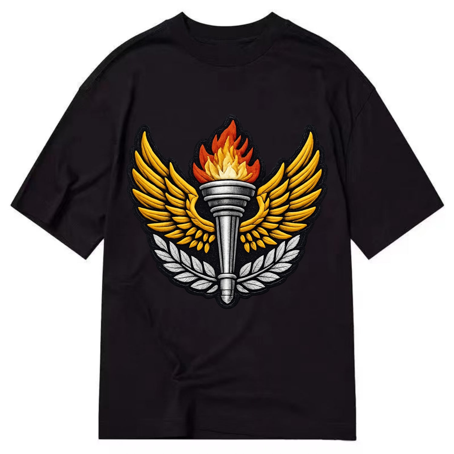 Embroidered patch design - TRACK AND FIELD TORCH - Olympic style torch with wings - Classic T-shirt - Black