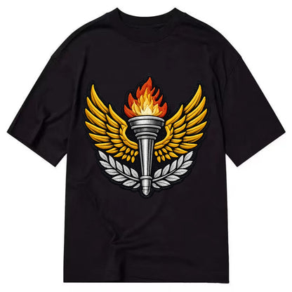 Embroidered patch design - TRACK AND FIELD TORCH - Olympic style torch with wings - Classic T-shirt - Black