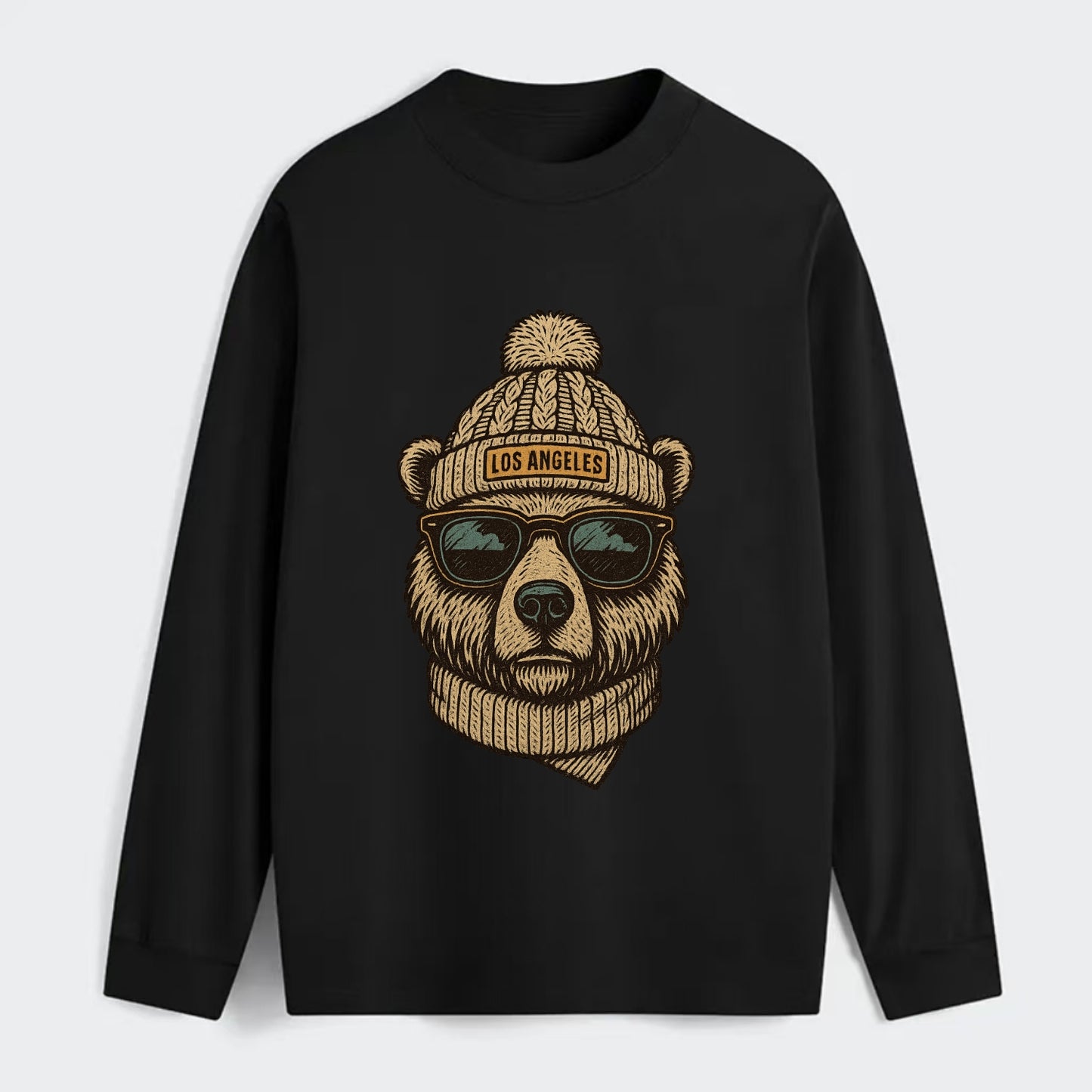 California Grizzly Bear wearing Los Angeles beanie with pom pom and - Classic Long Sleeve Shirt - Black