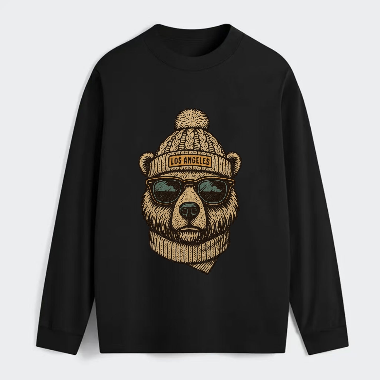California Grizzly Bear wearing Los Angeles beanie with pom pom and - Classic Long Sleeve Shirt - Black