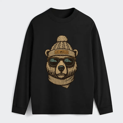 California Grizzly Bear wearing Los Angeles beanie with pom pom and - Classic Long Sleeve Shirt - Black