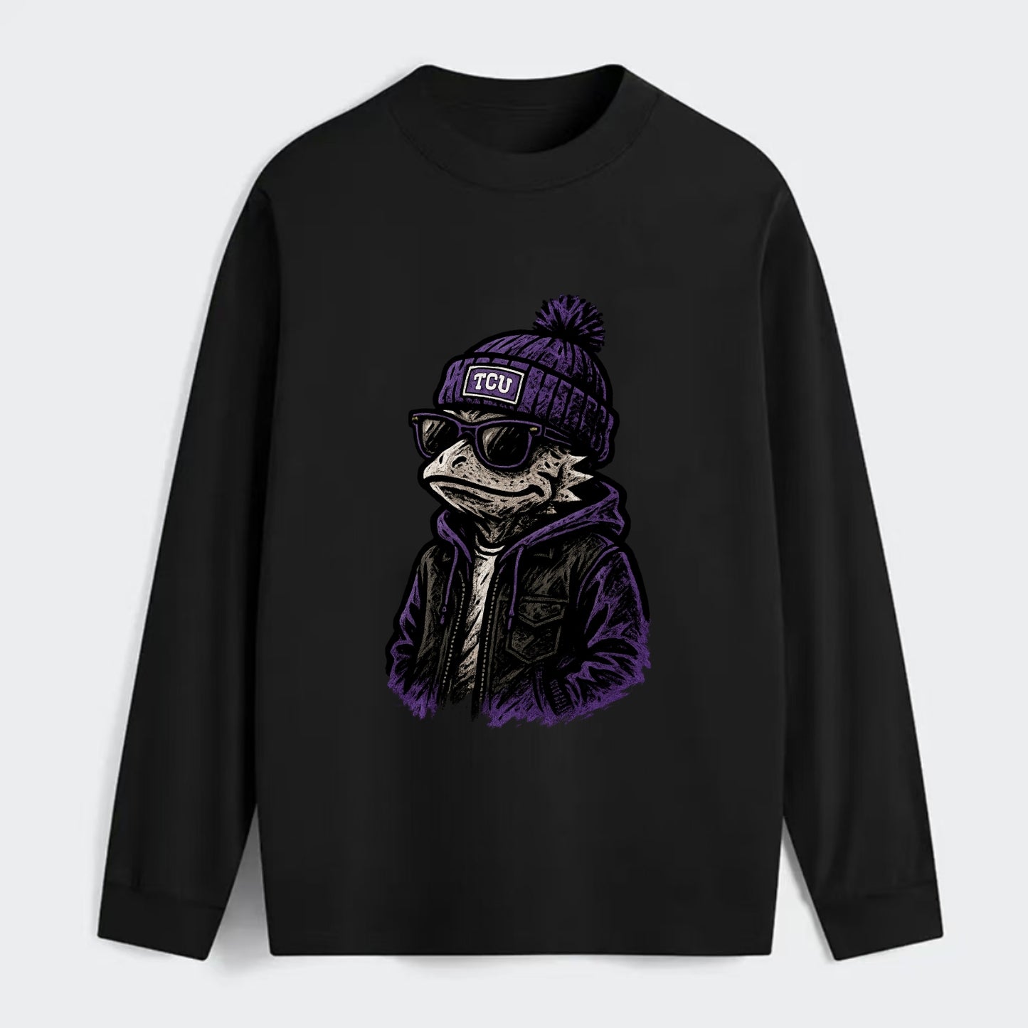 Fort Worth Frog wearing TCU beanie with horned patch - Classic Long Sleeve Shirt - Black