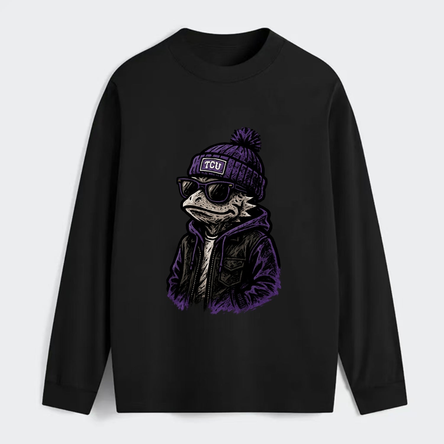 Fort Worth Frog wearing TCU beanie with horned patch - Classic Long Sleeve Shirt - Black