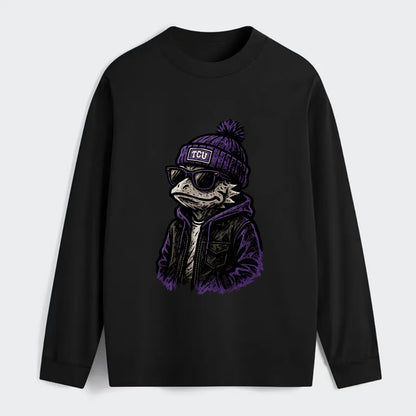 Fort Worth Frog wearing TCU beanie with horned patch - Classic Long Sleeve Shirt - Black