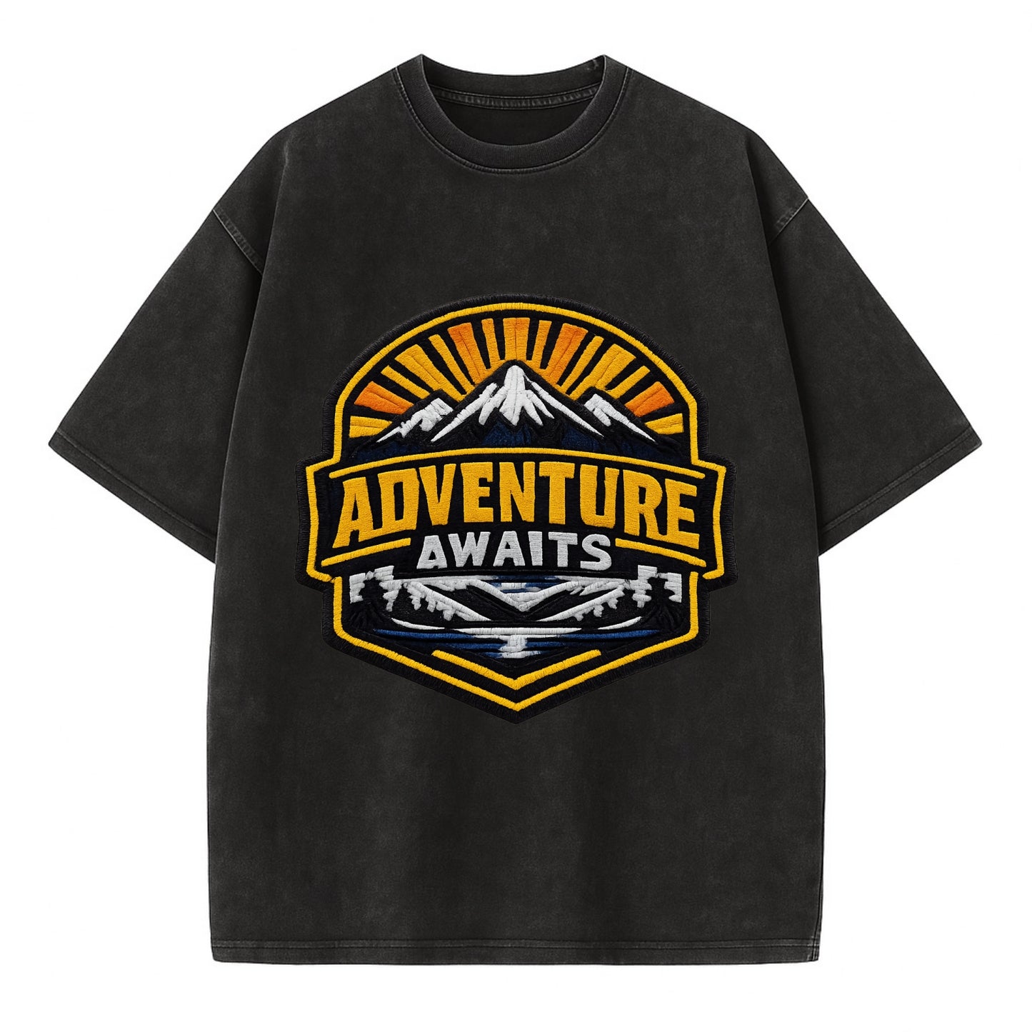 ADVENTURE AWAITS - mountain sunrise with text in gold and blue , wanderlust - Vintage T-shirt - Black