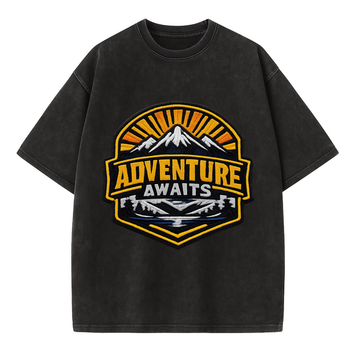 ADVENTURE AWAITS - mountain sunrise with text in gold and blue , wanderlust - Vintage T-shirt - Black