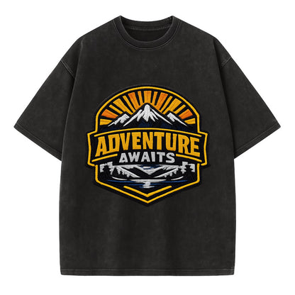 ADVENTURE AWAITS - mountain sunrise with text in gold and blue , wanderlust - Vintage T-shirt - Black