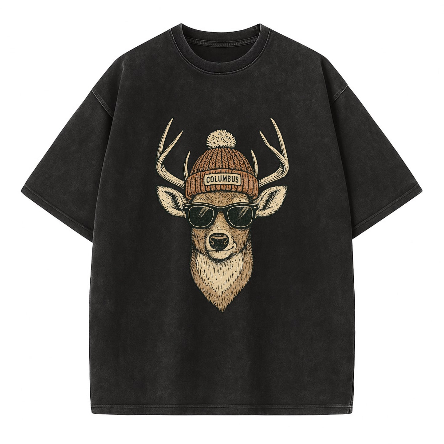 Ohio White-tailed Deer wearing Columbus beanie with pom pom and wayfarer - Vintage T-shirt - Black