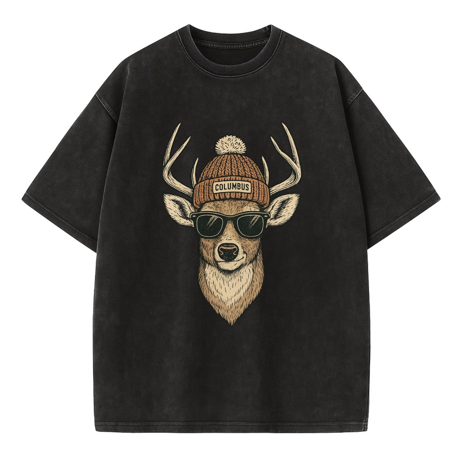 Ohio White-tailed Deer wearing Columbus beanie with pom pom and wayfarer - Vintage T-shirt - Black