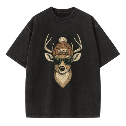 Ohio White-tailed Deer wearing Columbus beanie with pom pom and wayfarer - Vintage T-shirt - Black