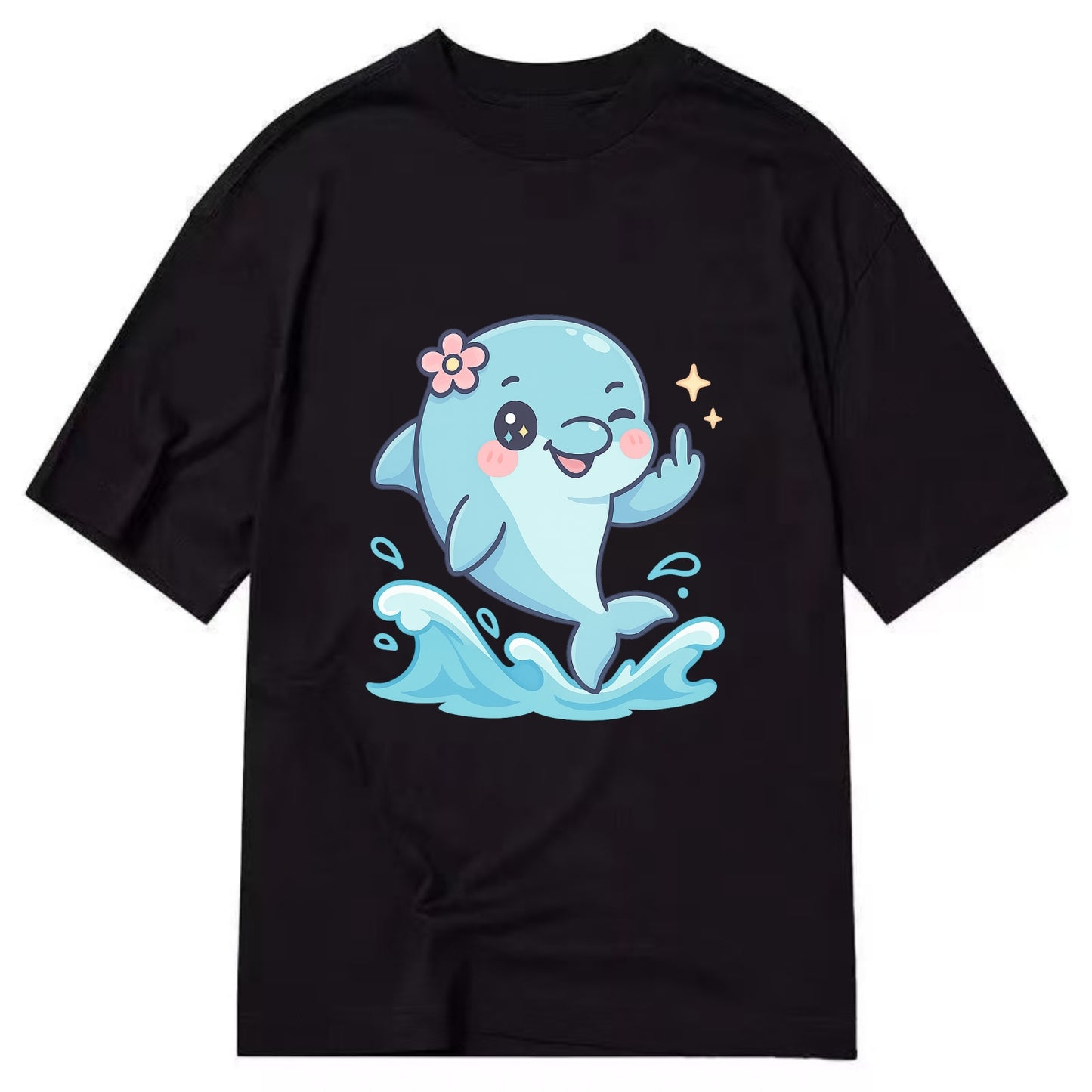 smiling dolphin jumping through ocean waves, one fin up with attitude - Classic T-shirt - Black