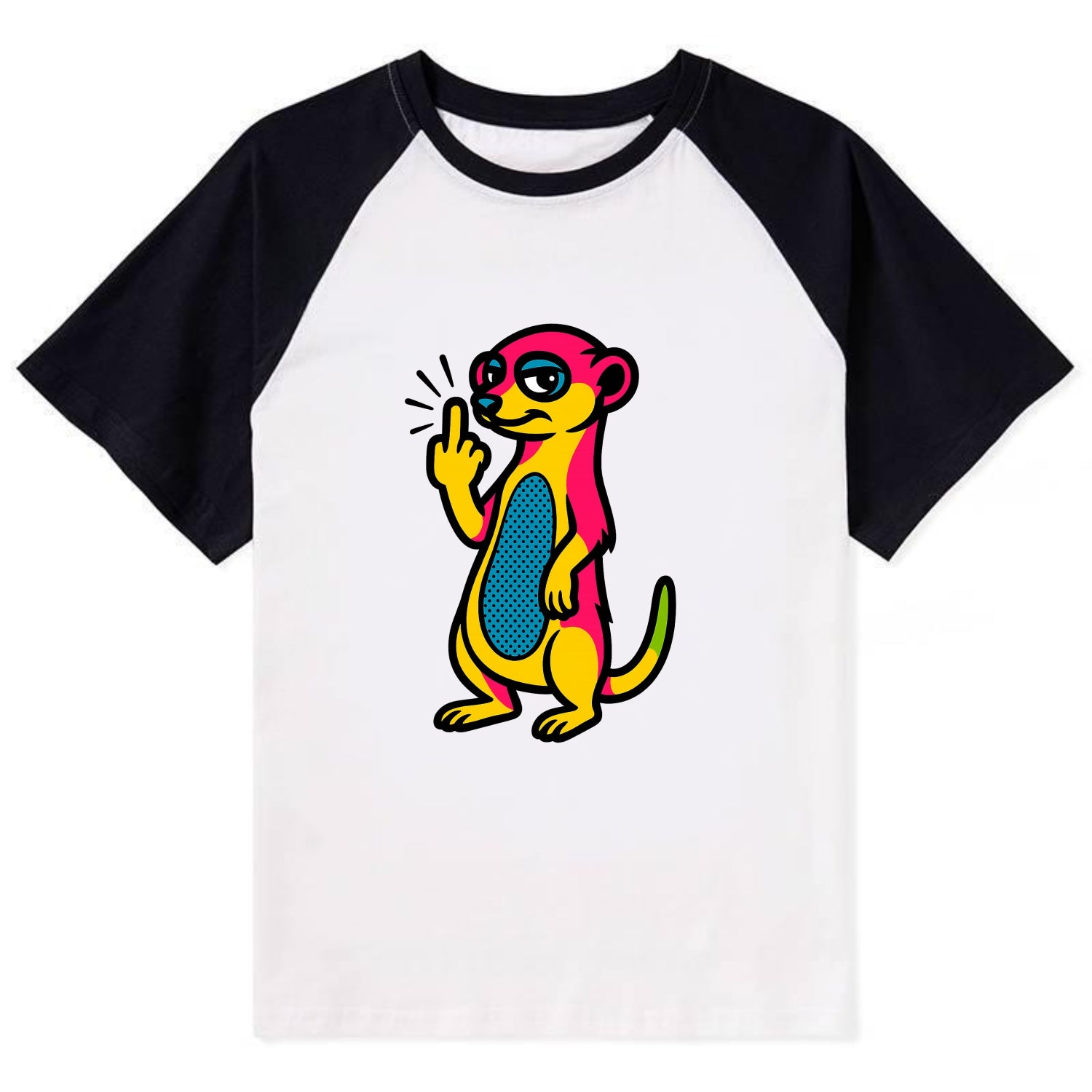 cute meerkat standing guard on hind legs, one front paw raised in sassy - Contrast Raglan T-shirt - Black