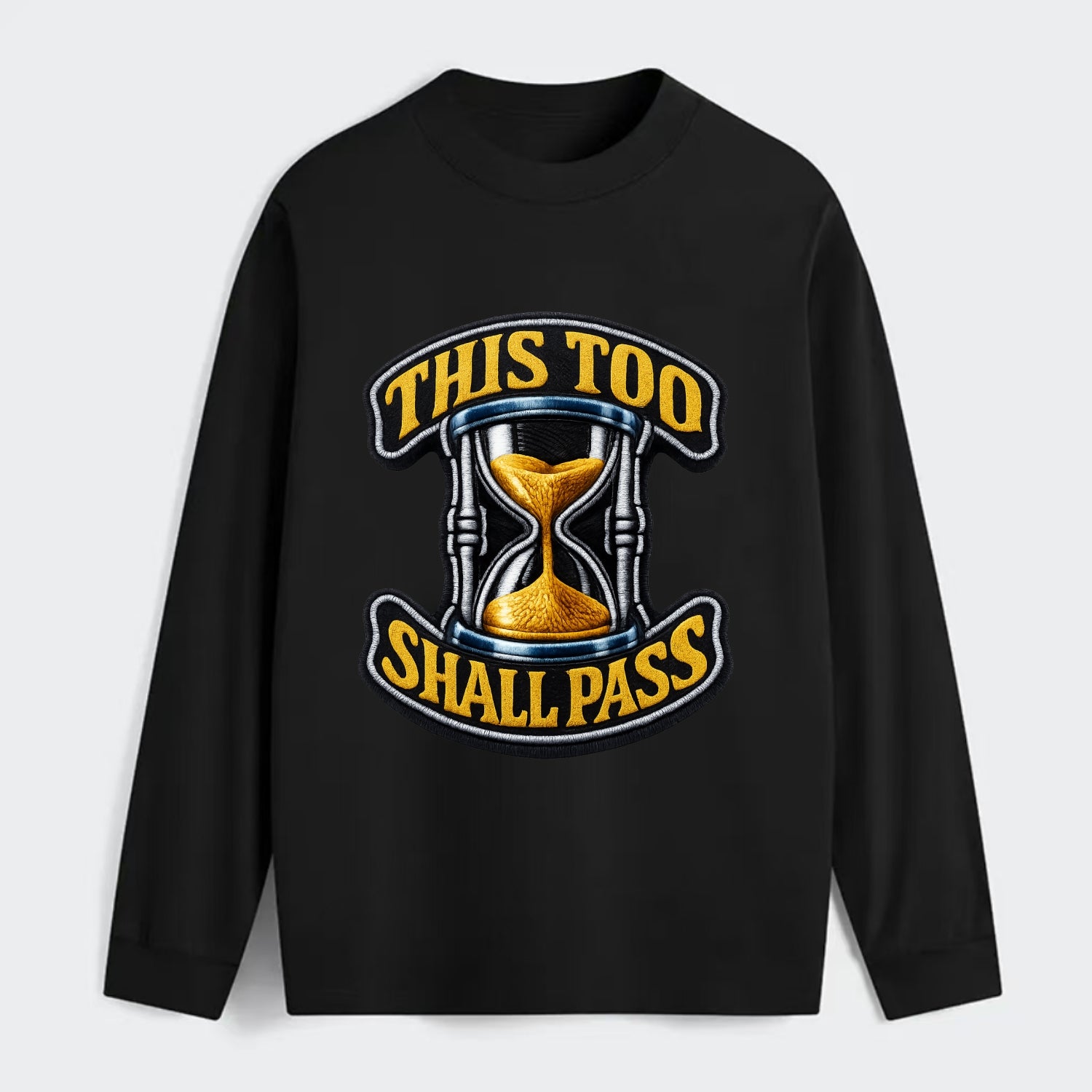 THIS TOO SHALL PASS - hourglass with text in gold , perspective - Classic Long Sleeve Shirt - Black
