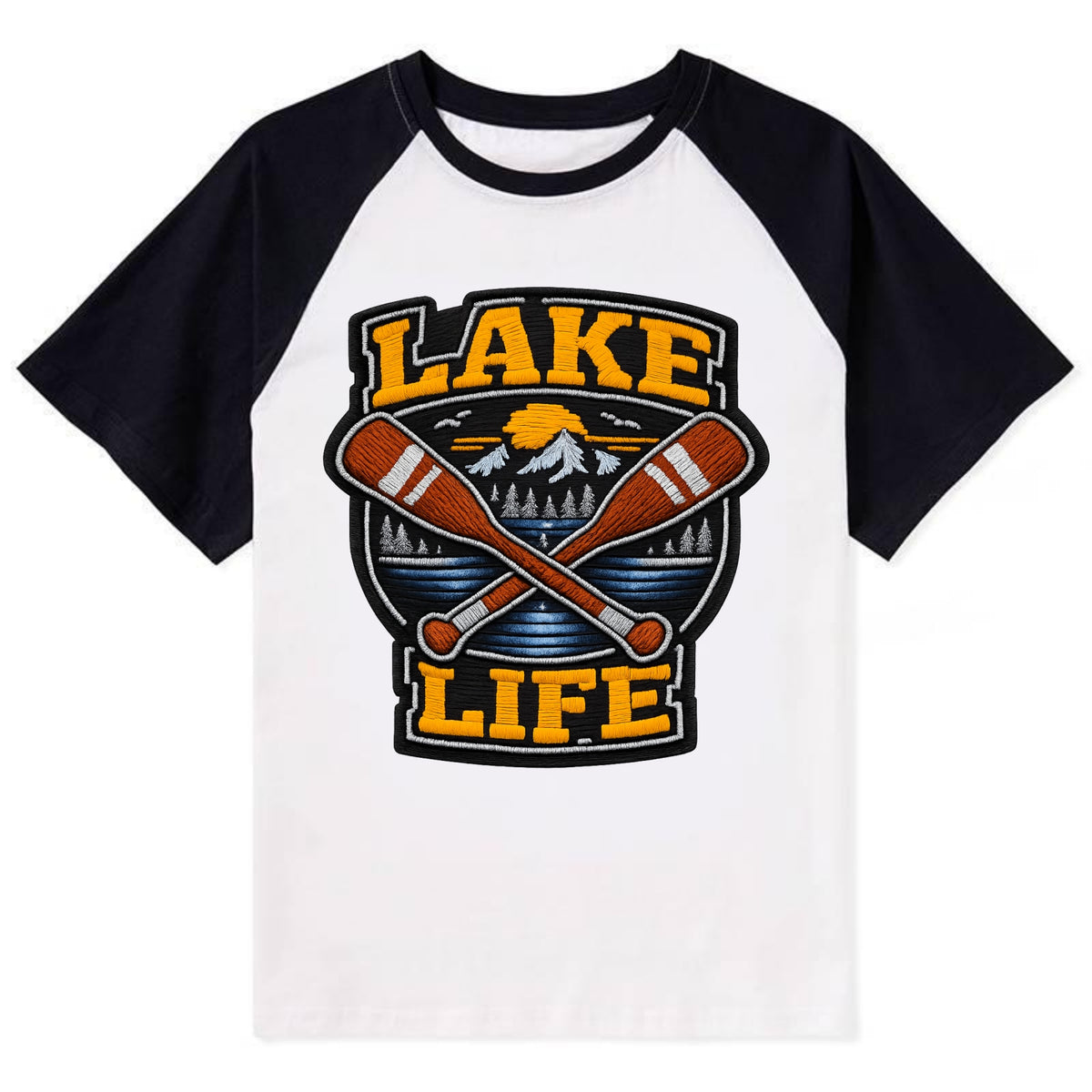CANOE PADDLE - wooden paddle crossed in brown and cream , lake life - Contrast Raglan T-shirt - Black