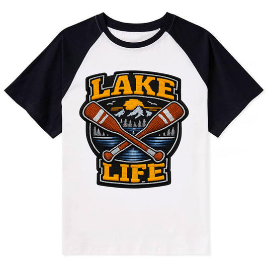 CANOE PADDLE - wooden paddle crossed in brown and cream , lake life - Contrast Raglan T-shirt - Black