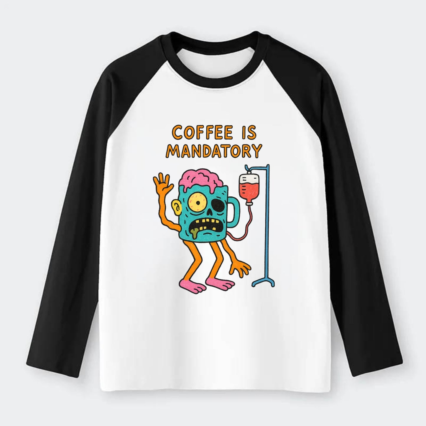 COFFEE IS MANDATORY | Zombie mug with IV drip - Raglan Long Sleeve T-Shirt - Black