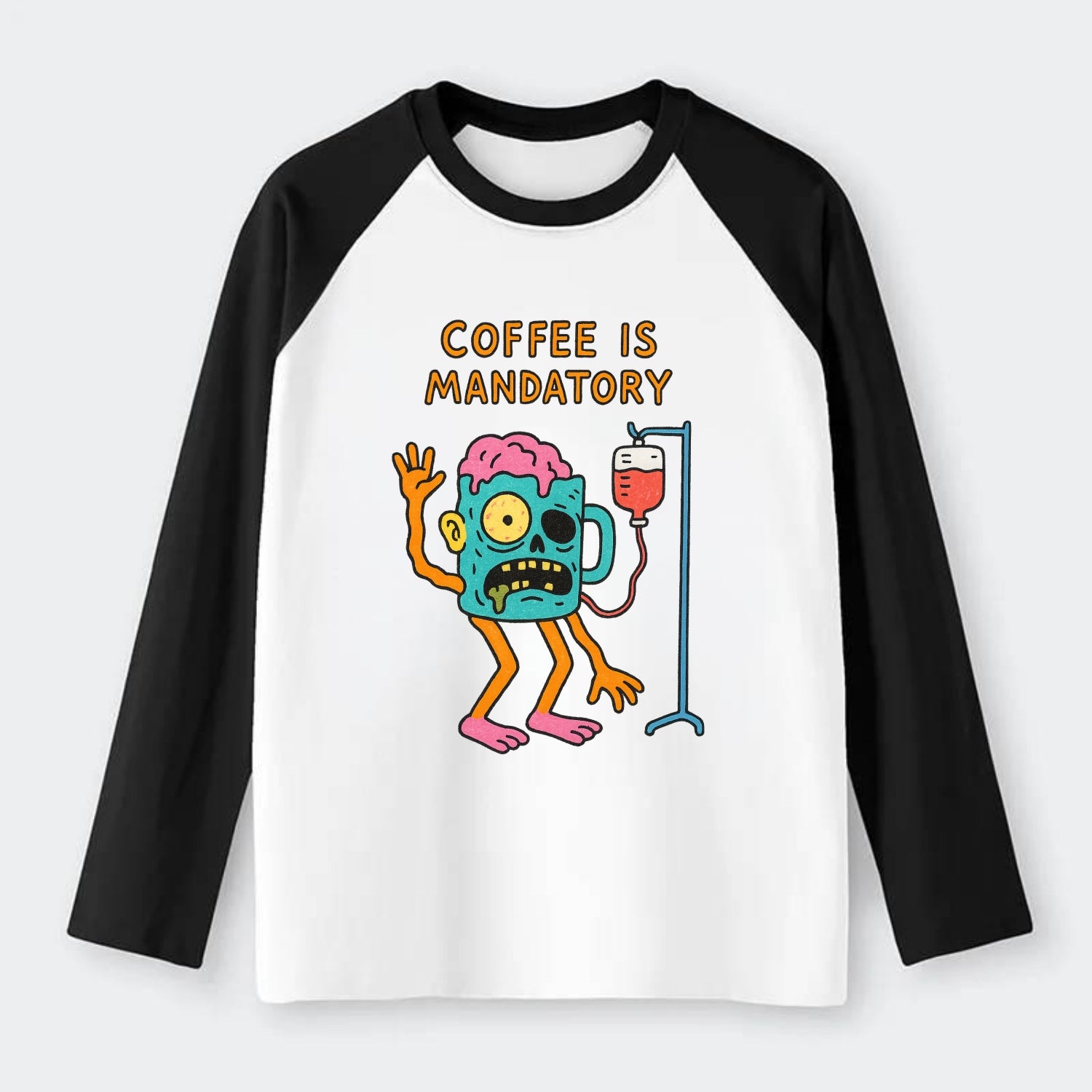 COFFEE IS MANDATORY | Zombie mug with IV drip - Raglan Long Sleeve T-Shirt - Black