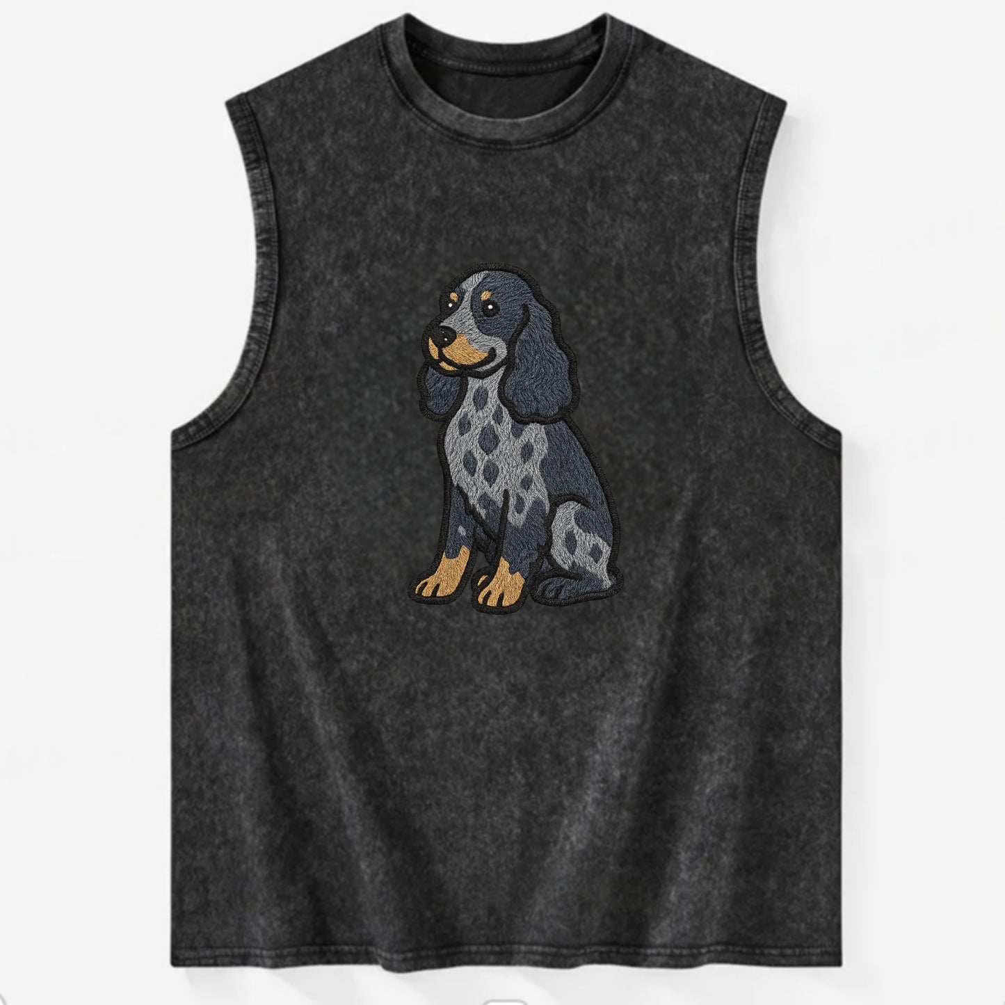 English Cocker Spaniel - Blue roan embroidered sitting pose - Vintage Washed Tank - Black