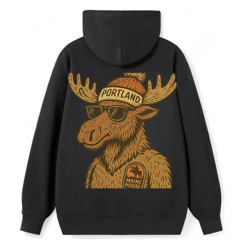 Maine Moose wearing Portland beanie with pom pom and wayfarer sunglasses - Classic Pullover Hoodie