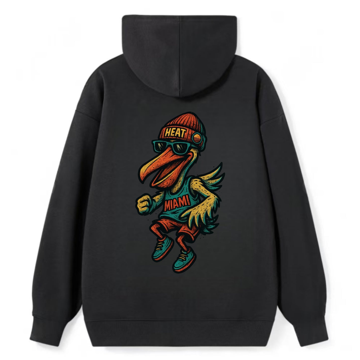 Miami Pelican wearing Heat beanie with sunset patch and wayfarer - Classic Pullover Hoodie - Black