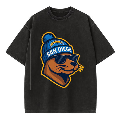 San Diego Sea Lion wearing Chargers beanie with bolt patch and wayfarer sunglasses - Vintage T-shirt - Black