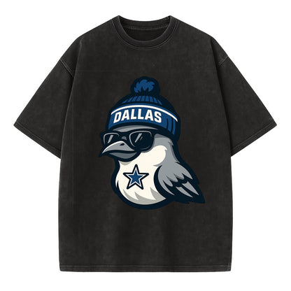 Dallas Mockingbird wearing Cowboys beanie with sheriff star and wayfarer - Vintage T-shirt - Black