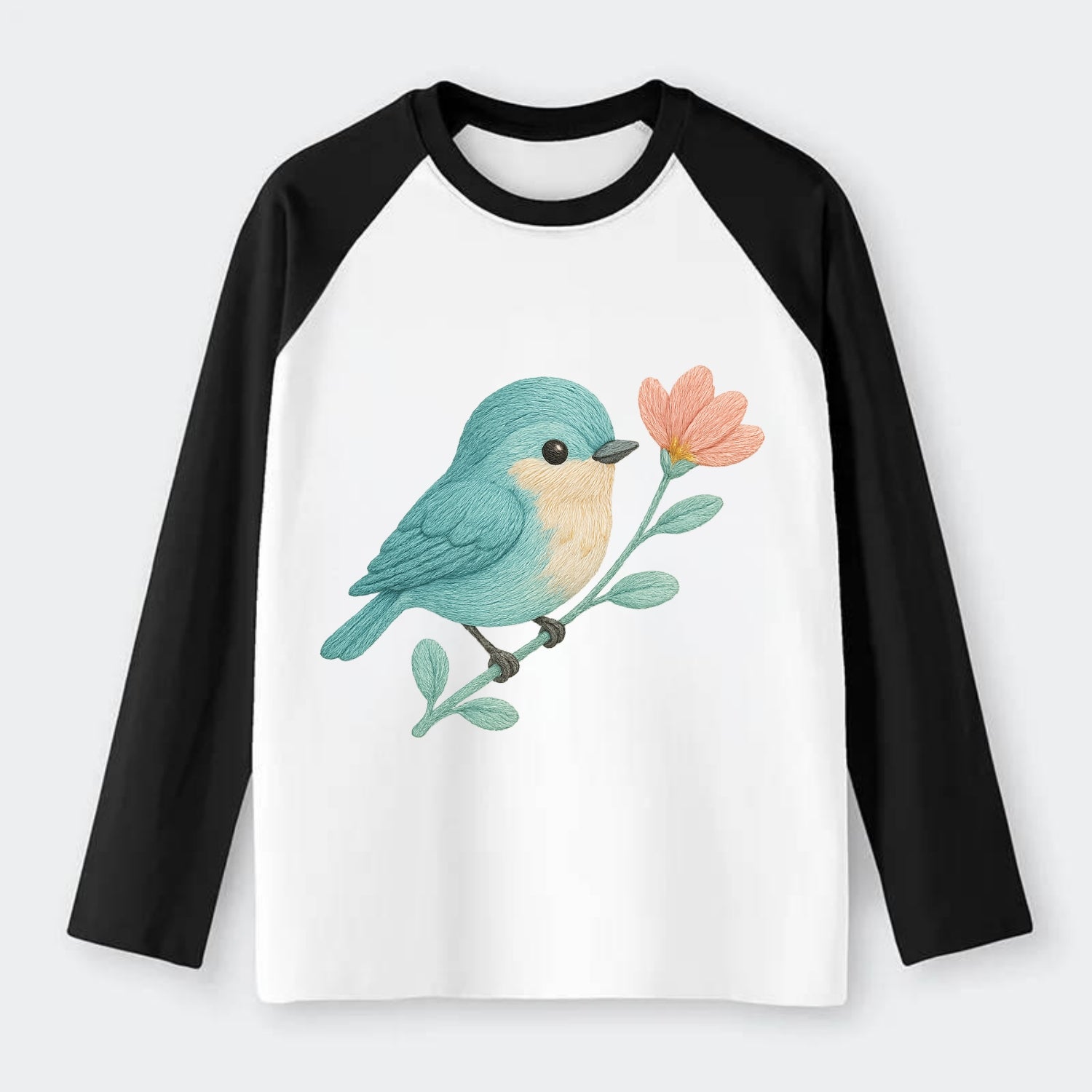 Aqua Chickadee - Raglan Long Sleeve T-Shirt - Black