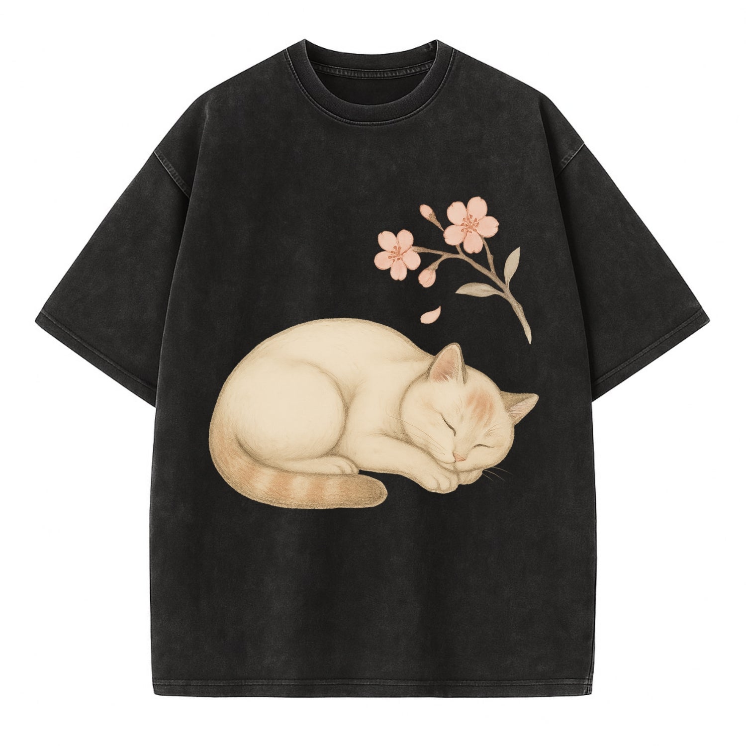 Zen Garden Cat  - Vintage T-shirt - Black