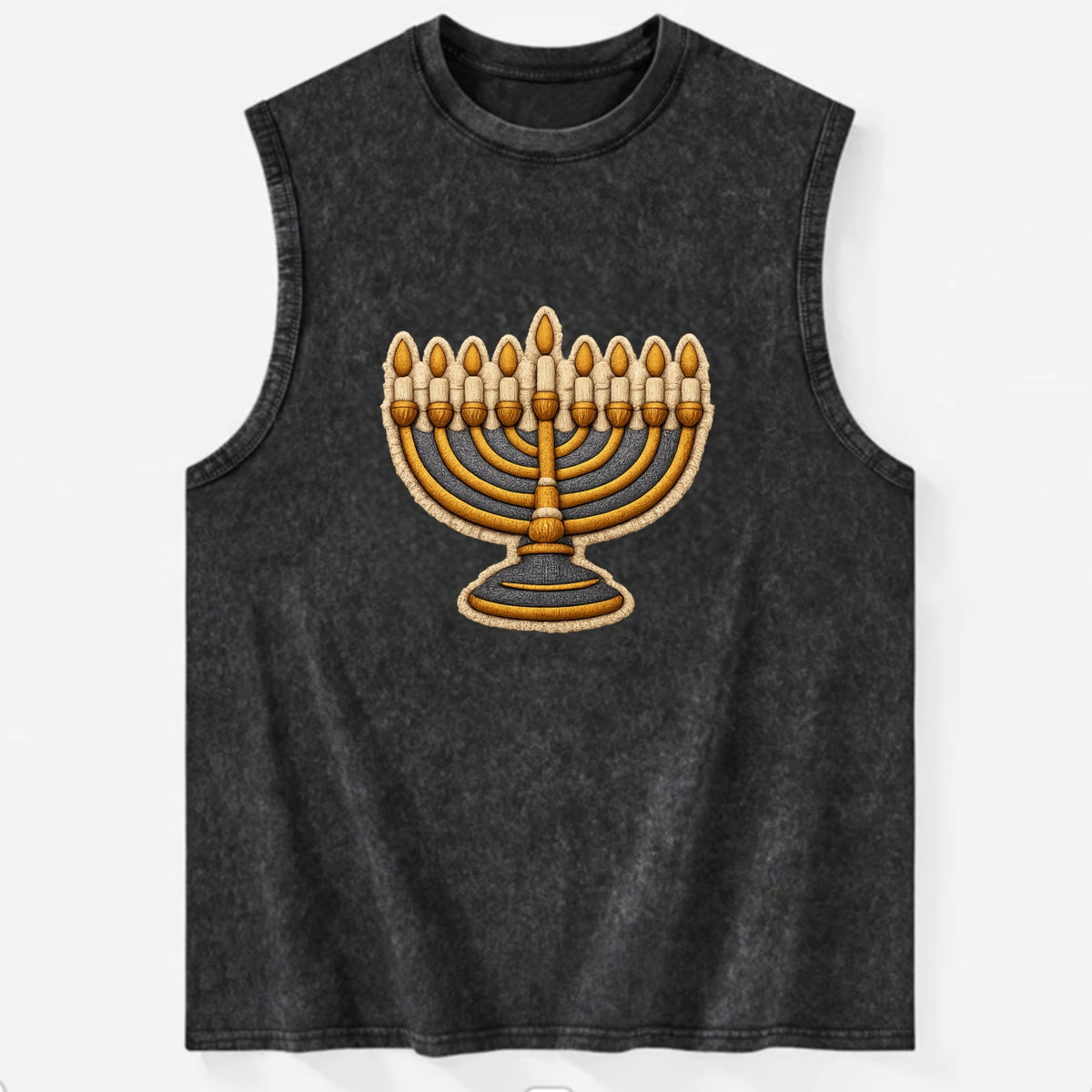 MENORAH LIGHTS - nine branch candelabra in gold and blue , Hanukkah - Vintage Washed Tank - Black