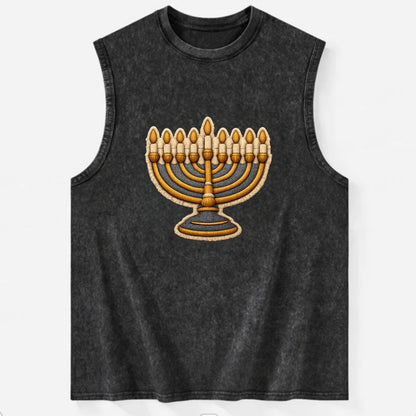 MENORAH LIGHTS - nine branch candelabra in gold and blue , Hanukkah - Vintage Washed Tank - Black