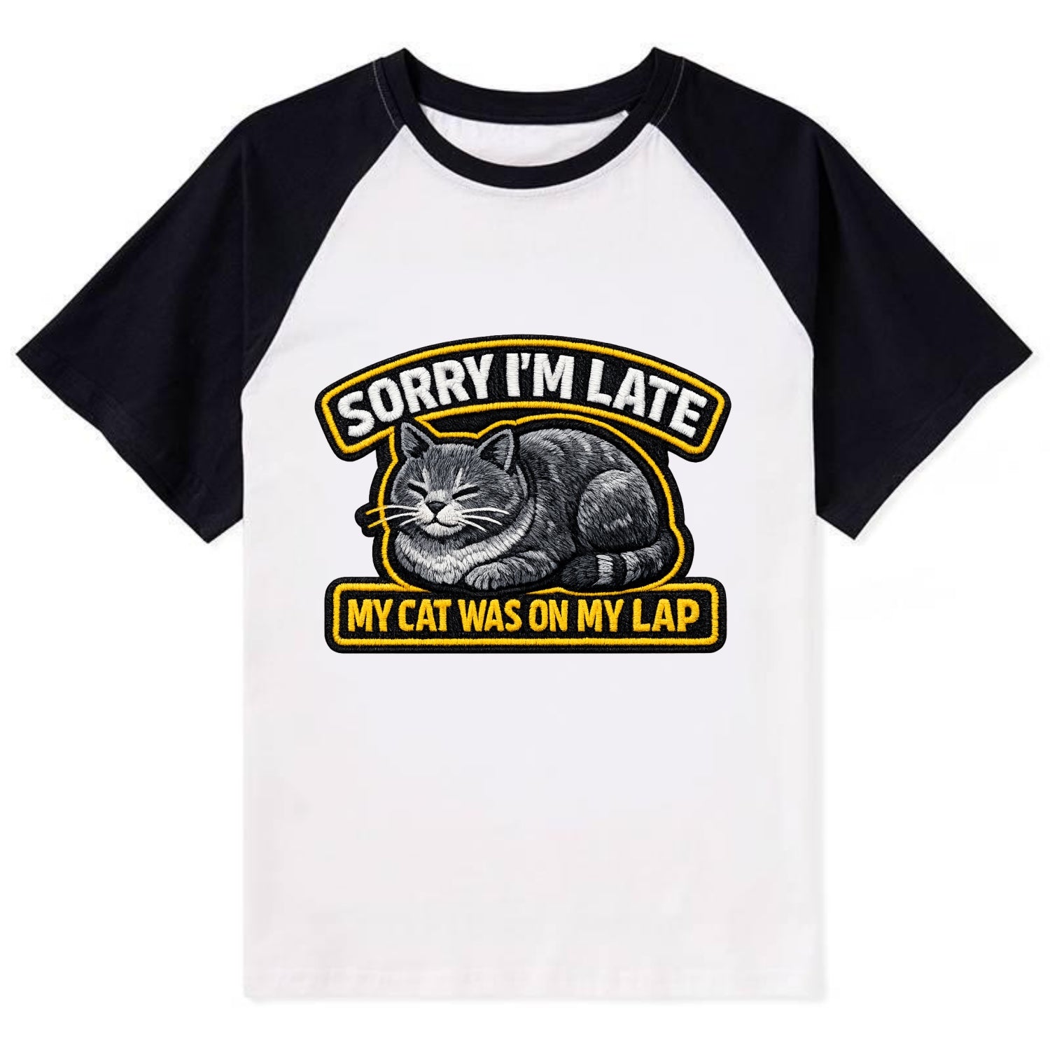 SORRY IM LATE MY CAT WAS ON MY LAP - cat loaf in gray , valid excuse - Contrast Raglan T-shirt - Black
