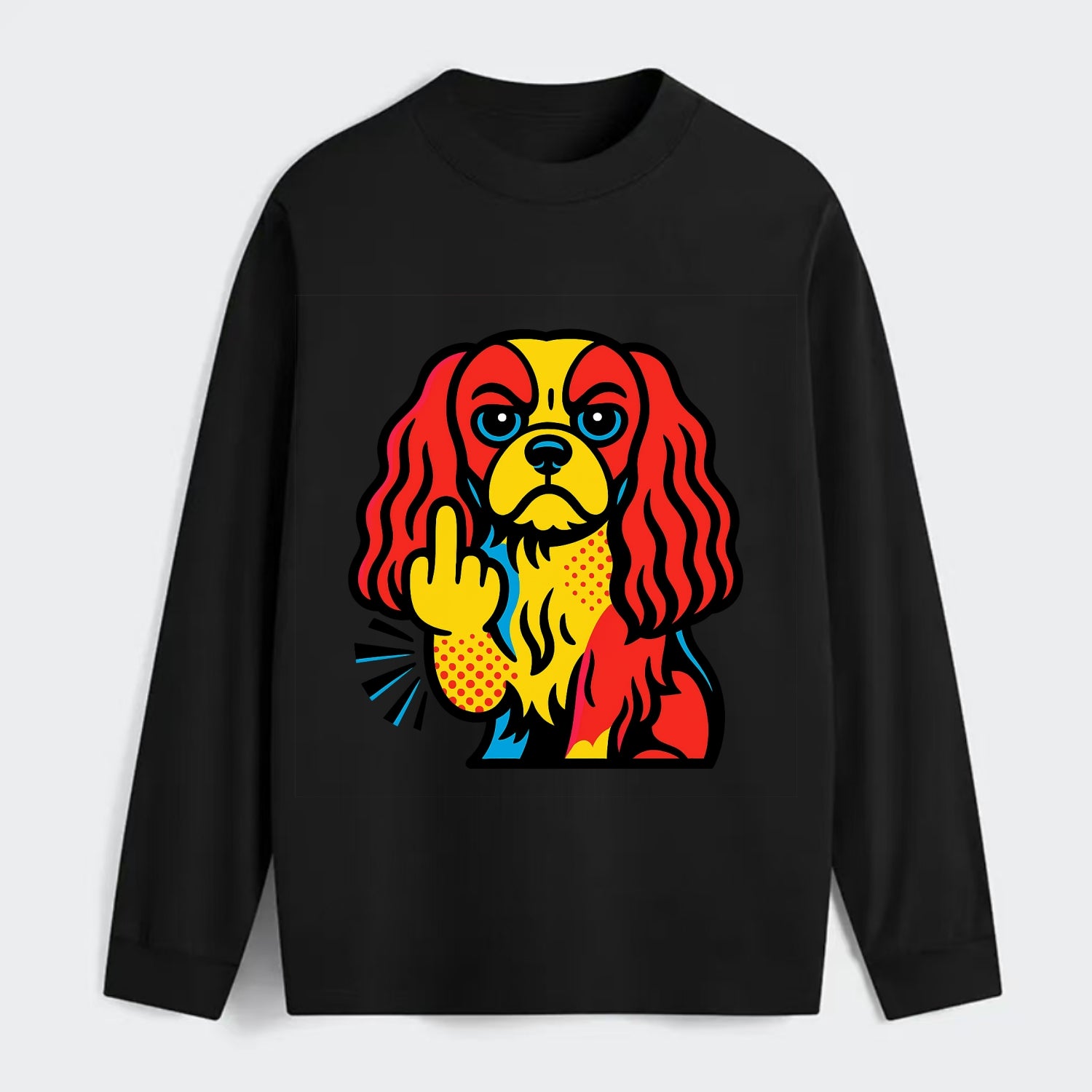 Cavalier King Charles Spaniel with long ears, regal paw giving finger - Classic Long Sleeve Shirt - Black