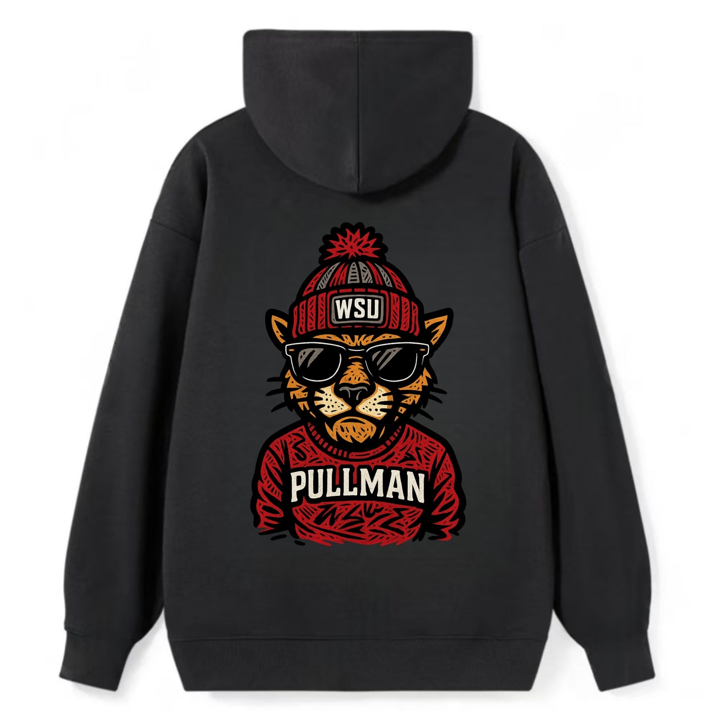 Pullman Cougar wearing Washington State beanie with WSU patch - Classic Pullover Hoodie - Black