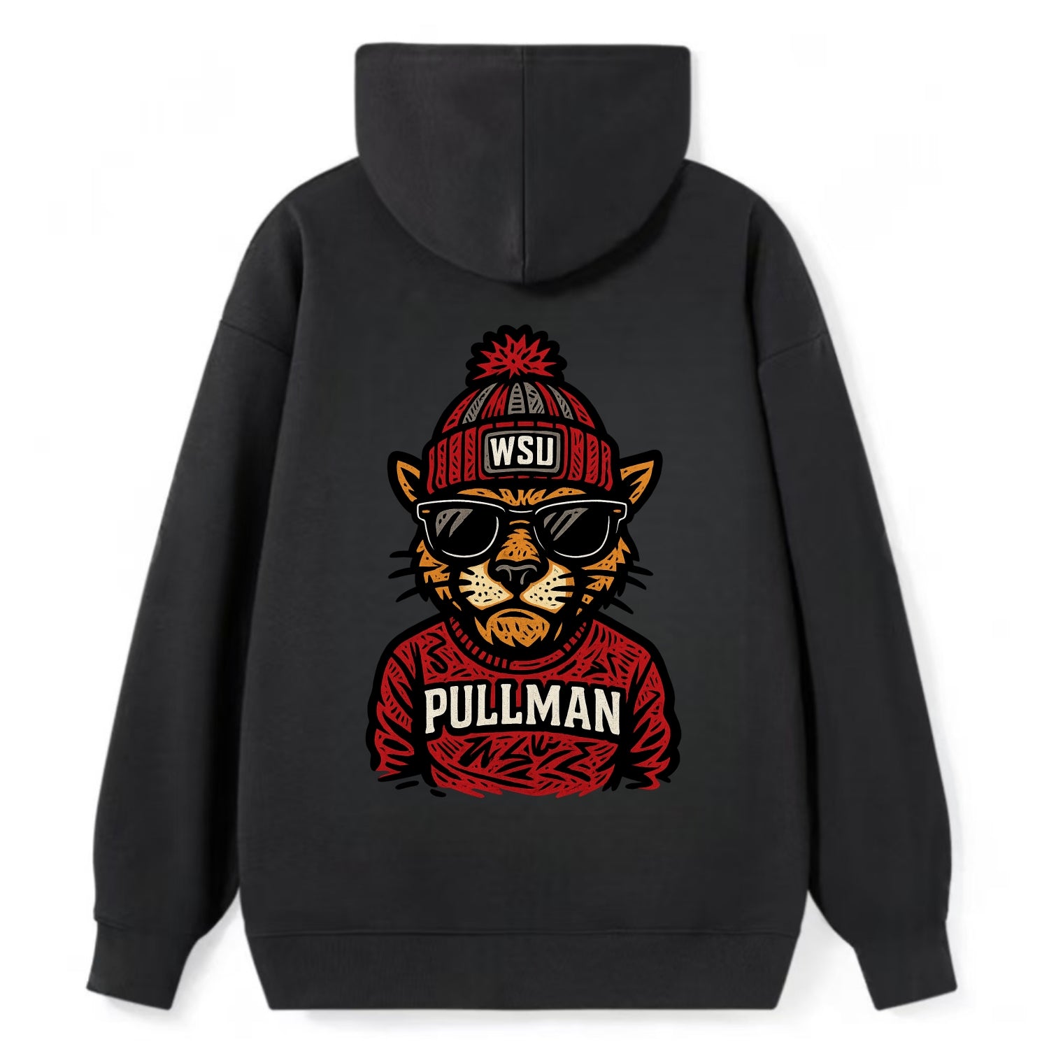 Pullman Cougar wearing Washington State beanie with WSU patch - Classic Pullover Hoodie - Black
