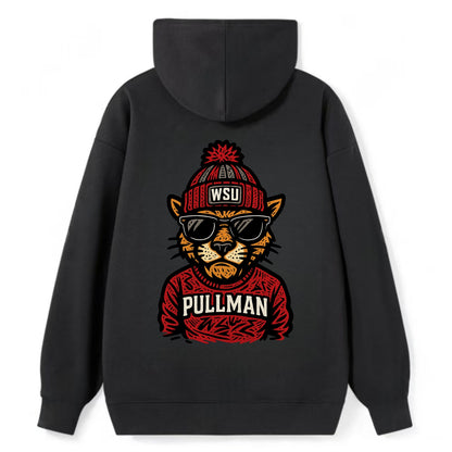 Pullman Cougar wearing Washington State beanie with WSU patch - Classic Pullover Hoodie - Black