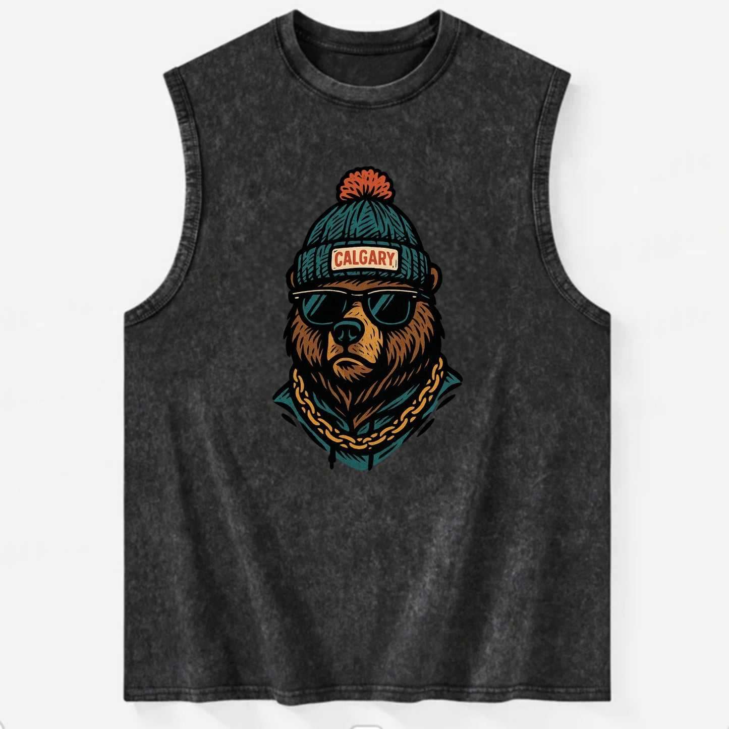 Calgary Grizzly Bear wearing Calgary beanie with pom pom and wayfarer - Vintage Washed Tank - Black